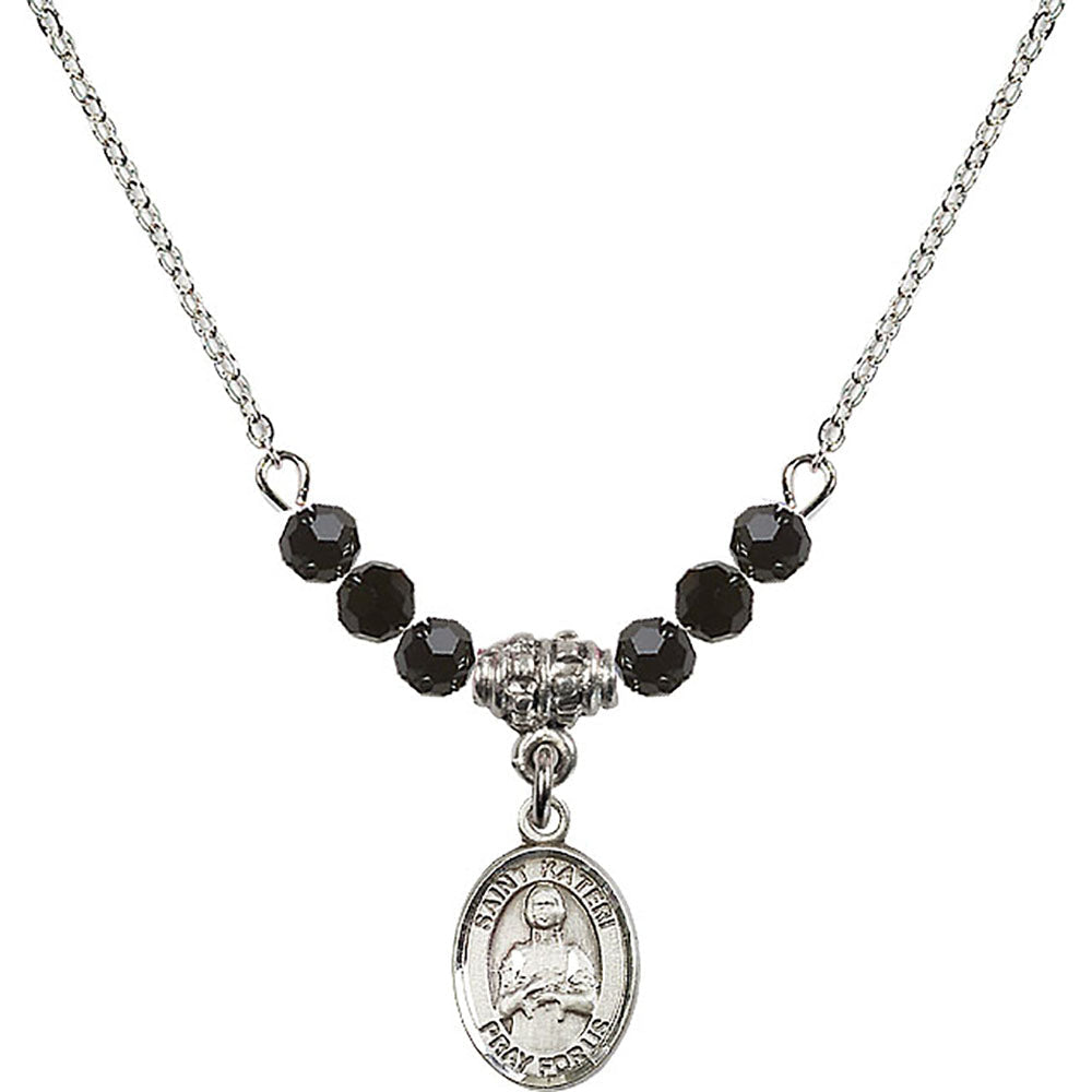 Sterling Silver Saint Kateri Tekakwitha Birthstone Necklace with Jet Beads - 9061