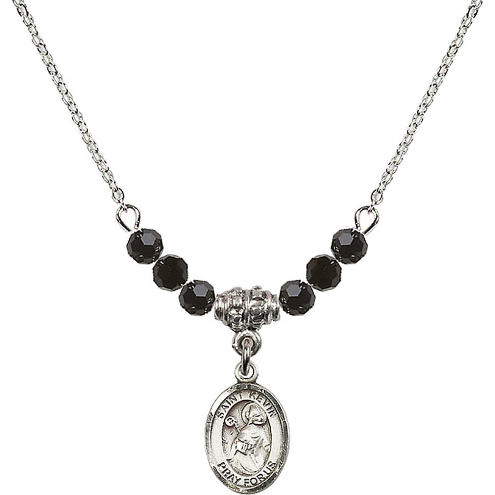 Sterling Silver Saint Kevin Birthstone Necklace with Jet Beads - 9062