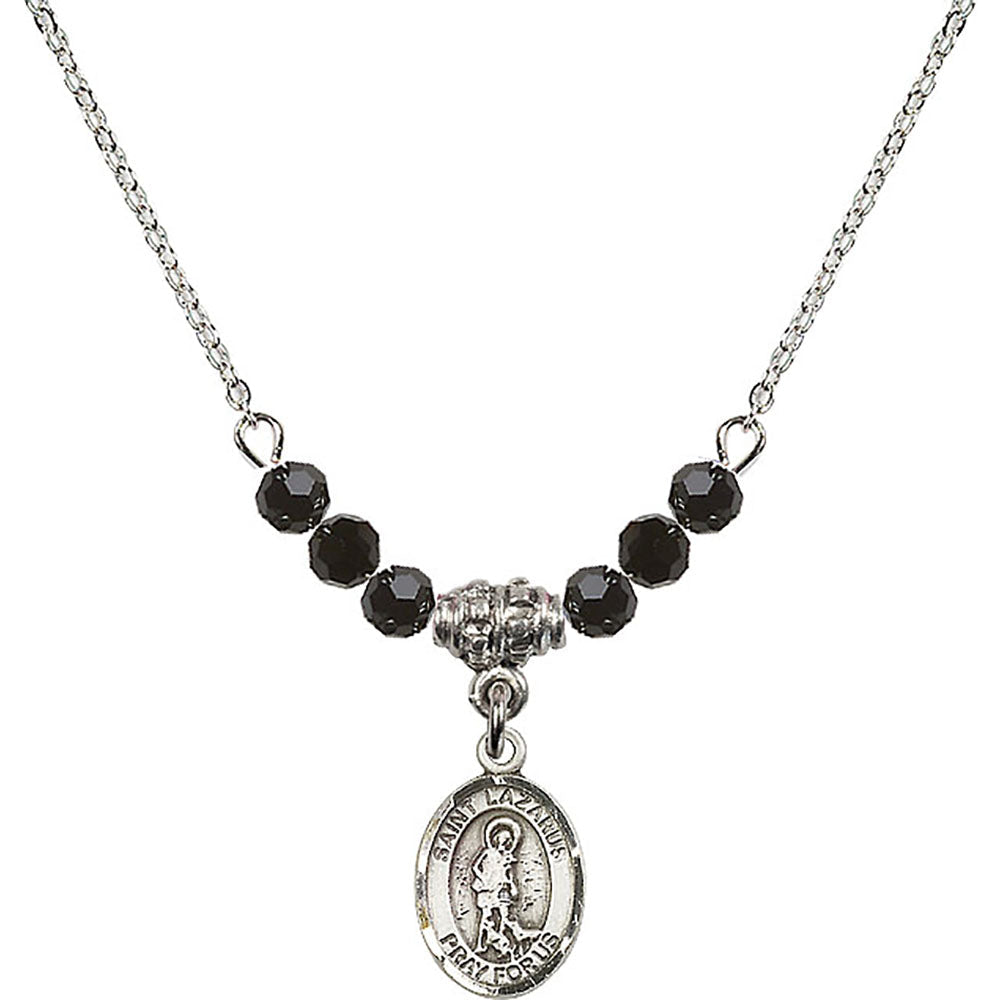 Sterling Silver Saint Lazarus Birthstone Necklace with Jet Beads - 9066