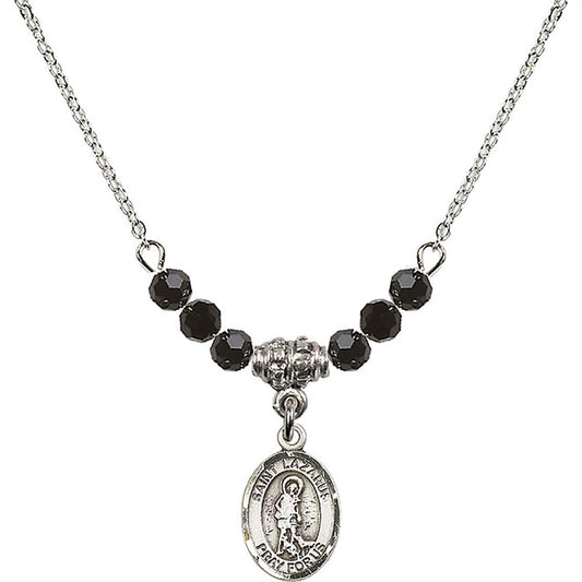 Sterling Silver Saint Lazarus Birthstone Necklace with Jet Beads - 9066
