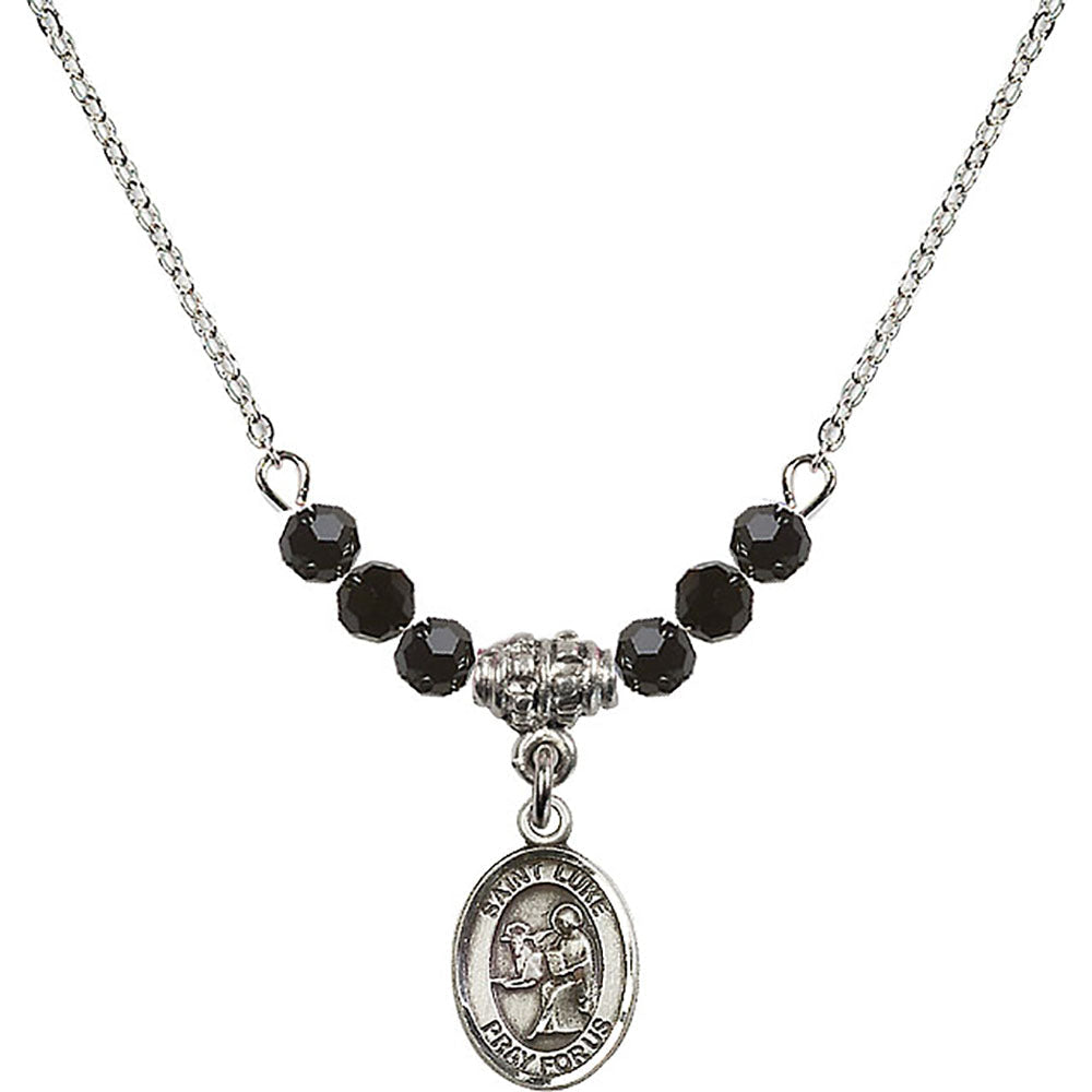 Sterling Silver Saint Luke the Apostle Birthstone Necklace with Jet Beads - 9068