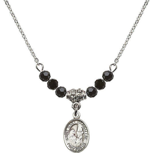 Sterling Silver Saint Mary Magdalene Birthstone Necklace with Jet Beads - 9071
