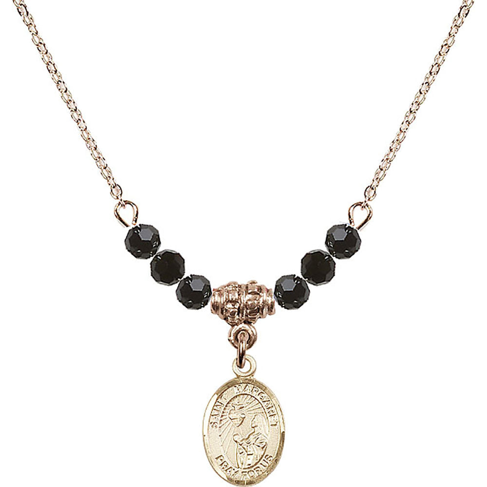 14kt Gold Filled Saint Margaret Mary Alacoque Birthstone Necklace with Jet Beads - 9072