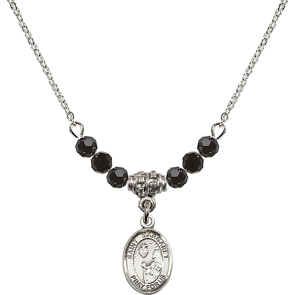 Sterling Silver Saint Margaret Mary Alacoque Birthstone Necklace with Jet Beads - 9072
