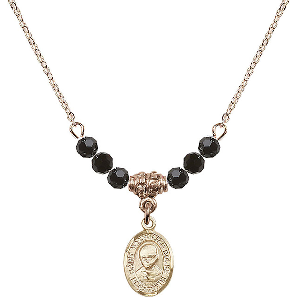 14kt Gold Filled Saint Maximilian Kolbe Birthstone Necklace with Jet Beads - 9073