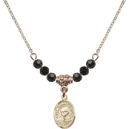 14kt Gold Filled Saint Maximilian Kolbe Birthstone Necklace with Jet Beads - 9073