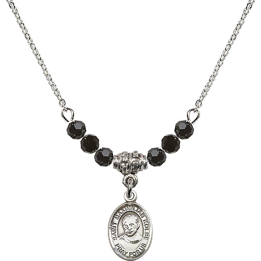 Sterling Silver Saint Maximilian Kolbe Birthstone Necklace with Jet Beads - 9073
