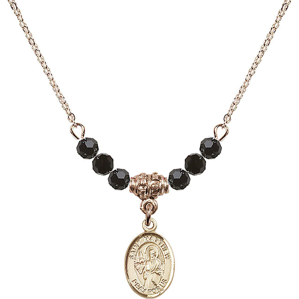 14kt Gold Filled Saint Matthew the Apostle Birthstone Necklace with Jet Beads - 9074