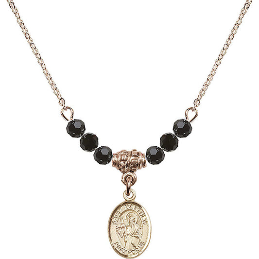 14kt Gold Filled Saint Matthew the Apostle Birthstone Necklace with Jet Beads - 9074