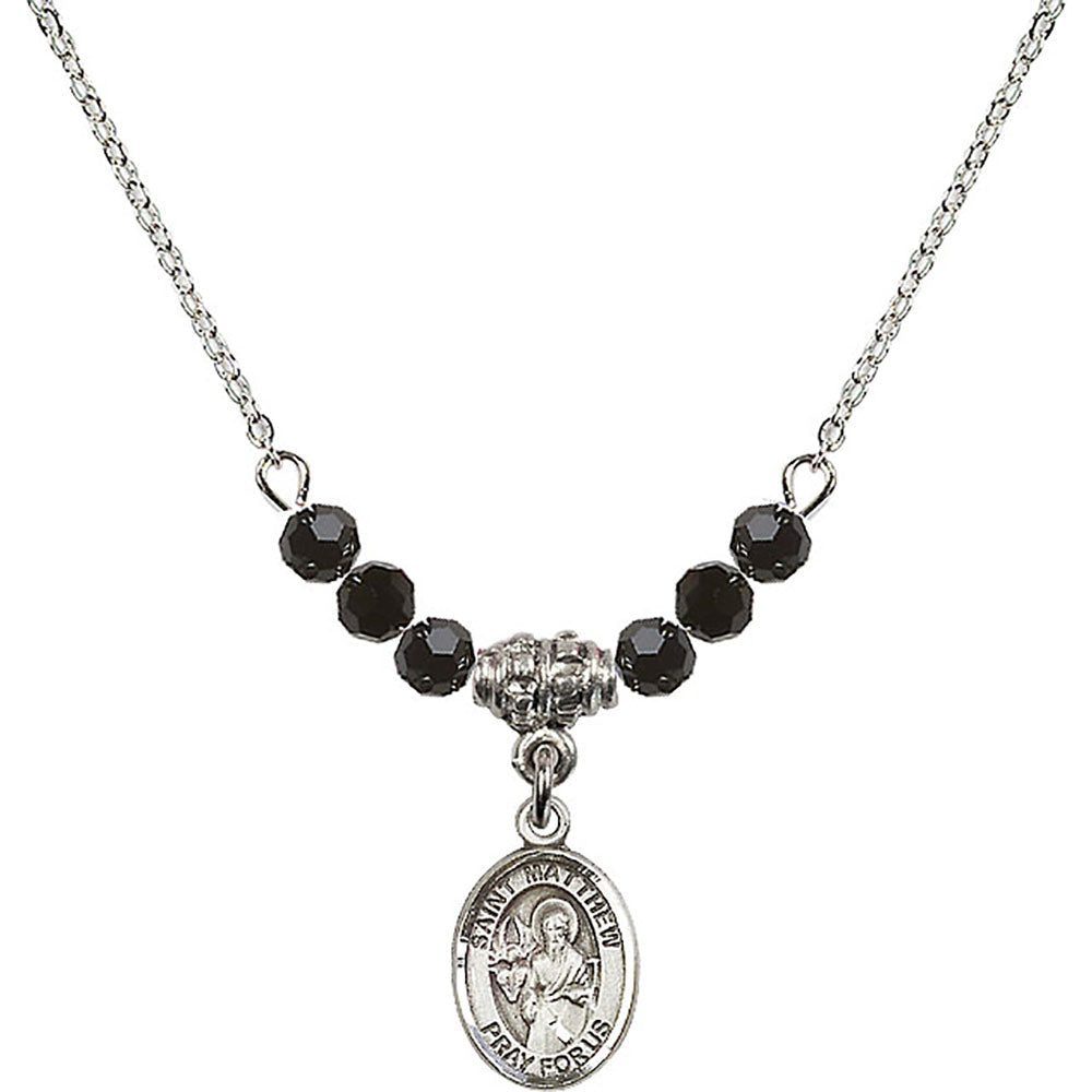 Sterling Silver Saint Matthew the Apostle Birthstone Necklace with Jet Beads - 9074