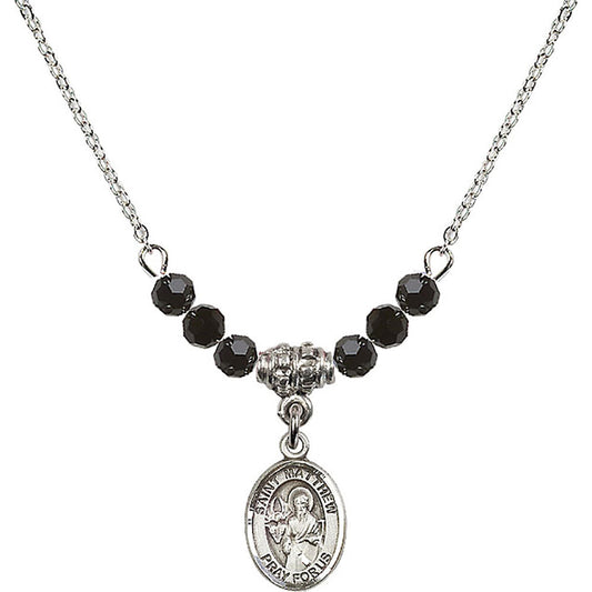 Sterling Silver Saint Matthew the Apostle Birthstone Necklace with Jet Beads - 9074