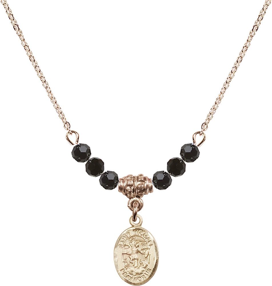 14kt Gold Filled Saint Michael the Archangel Birthstone Necklace with Jet Beads - 9076