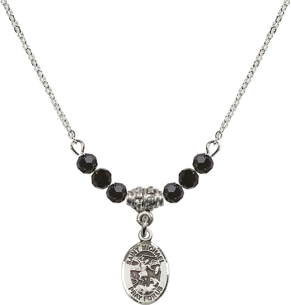 Sterling Silver Saint Michael the Archangel Birthstone Necklace with Jet Beads - 9076