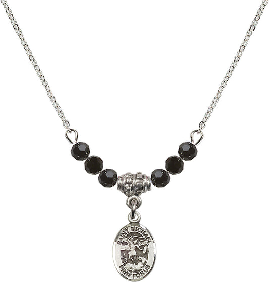 Sterling Silver Saint Michael the Archangel Birthstone Necklace with Jet Beads - 9076