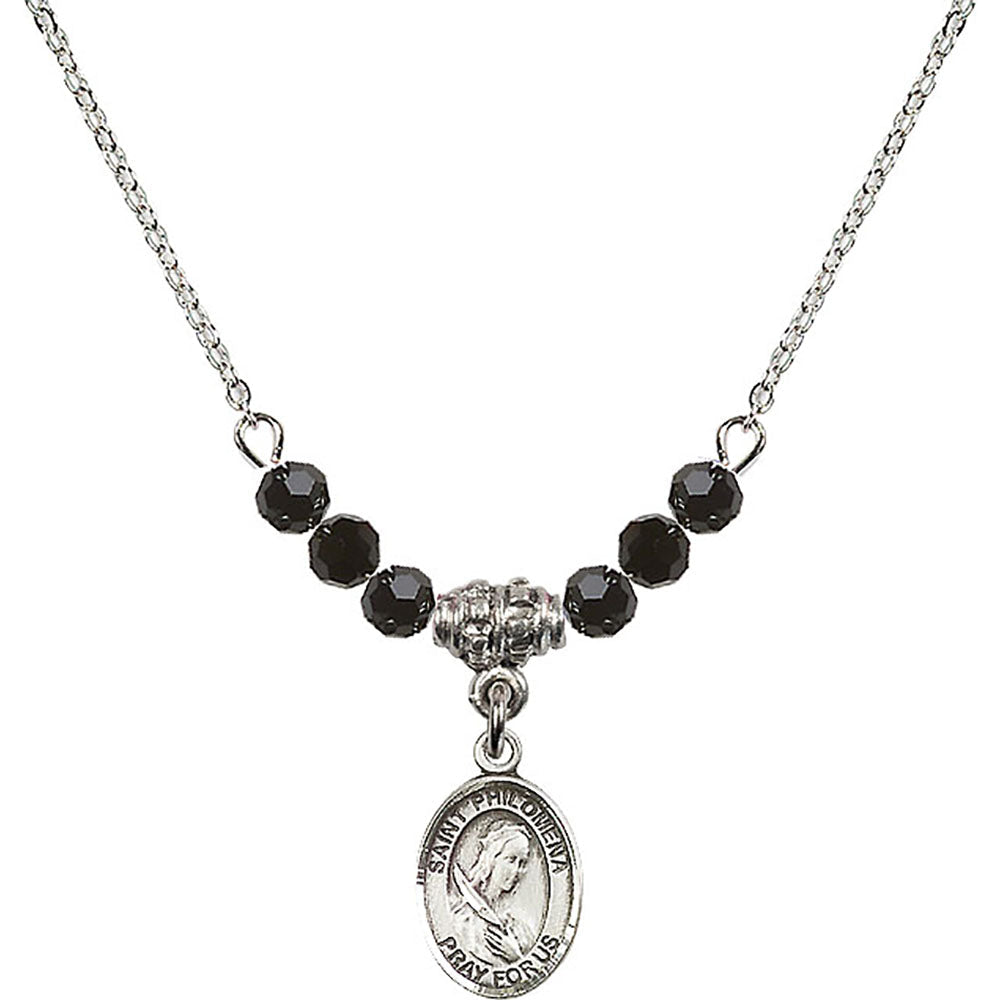 Sterling Silver Saint Philomena Birthstone Necklace with Jet Beads - 9077