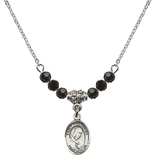 Sterling Silver Saint Philomena Birthstone Necklace with Jet Beads - 9077
