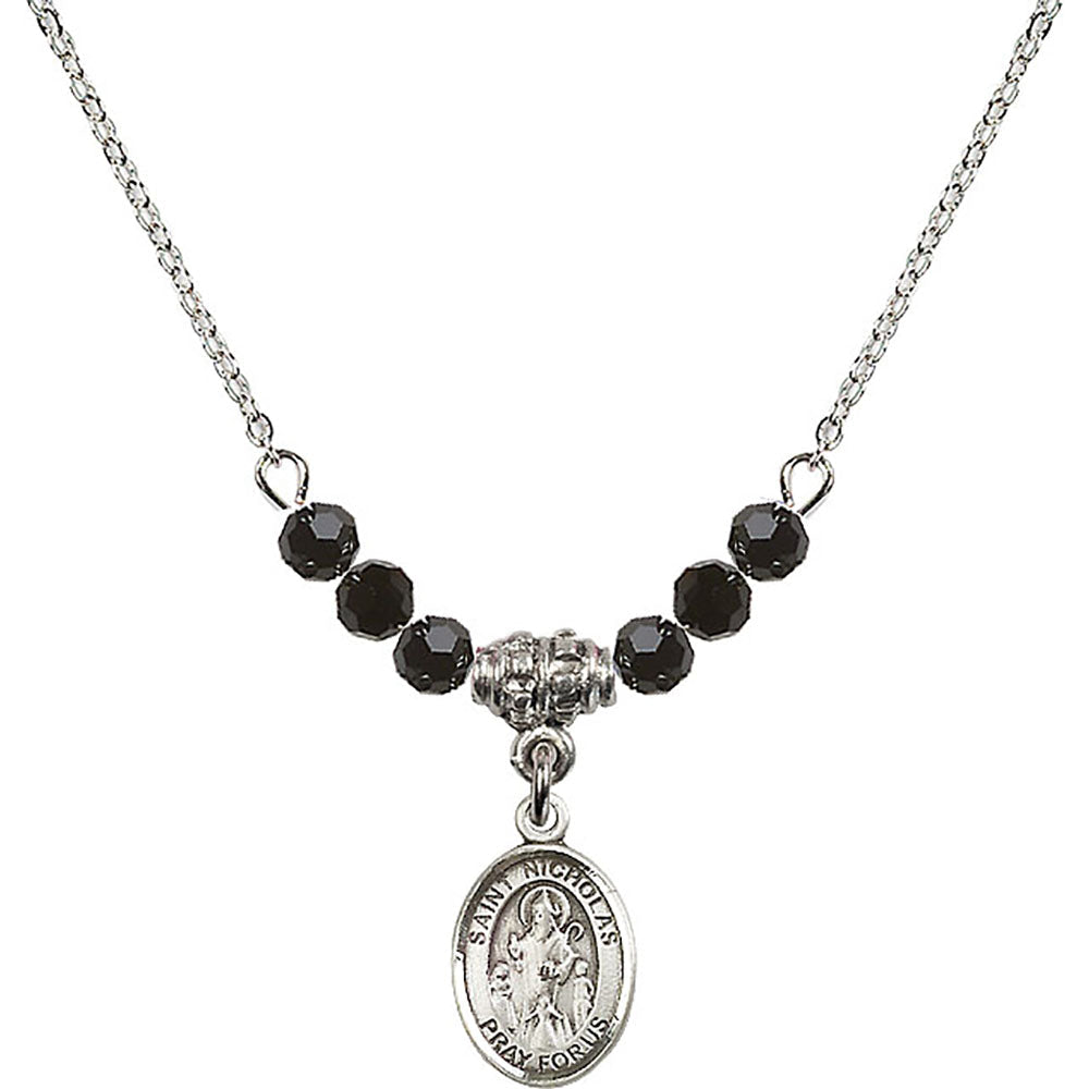 Sterling Silver Saint Nicholas Birthstone Necklace with Jet Beads - 9080