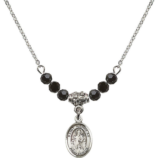 Sterling Silver Saint Nicholas Birthstone Necklace with Jet Beads - 9080