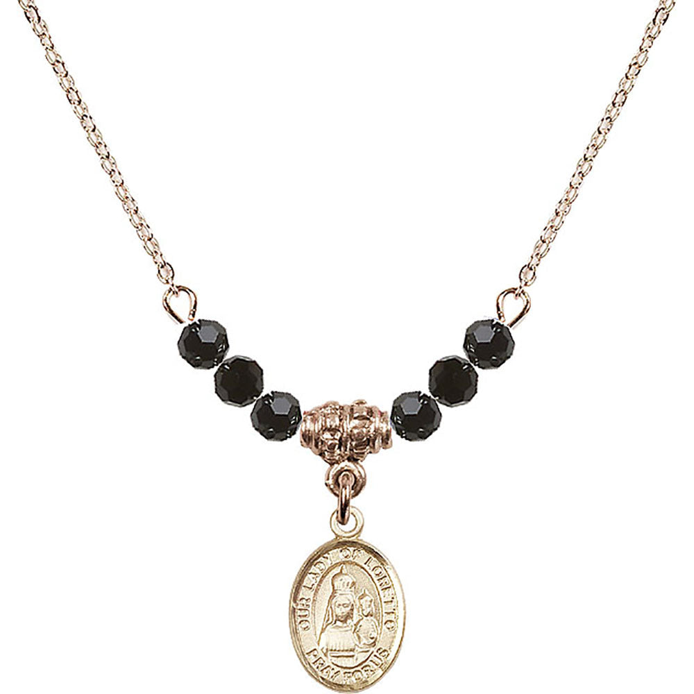 14kt Gold Filled Our Lady of Loretto Birthstone Necklace with Jet Beads - 9082