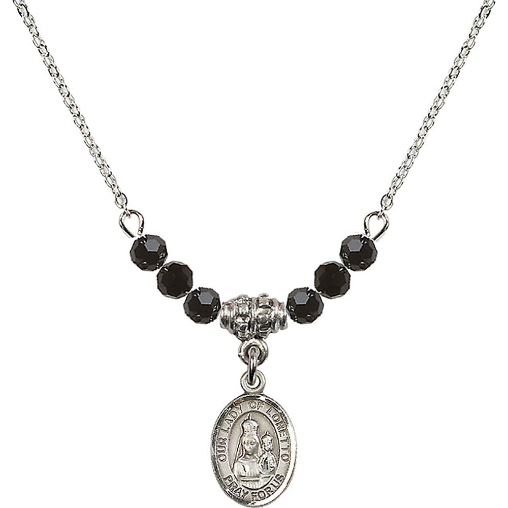 Sterling Silver Our Lady of Loretto Birthstone Necklace with Jet Beads - 9082