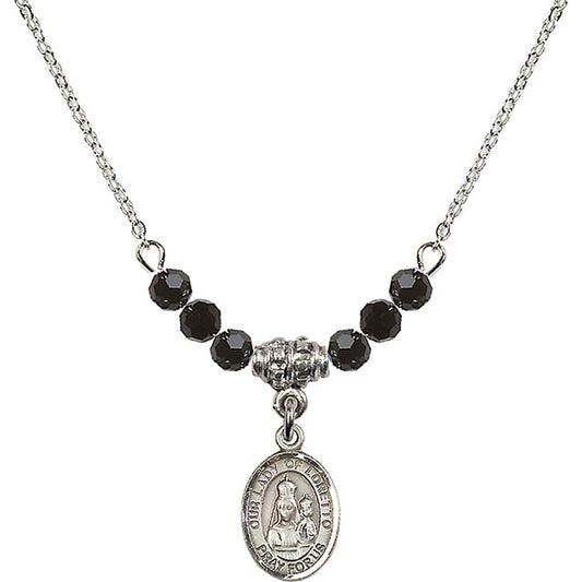 Sterling Silver Our Lady of Loretto Birthstone Necklace with Jet Beads - 9082