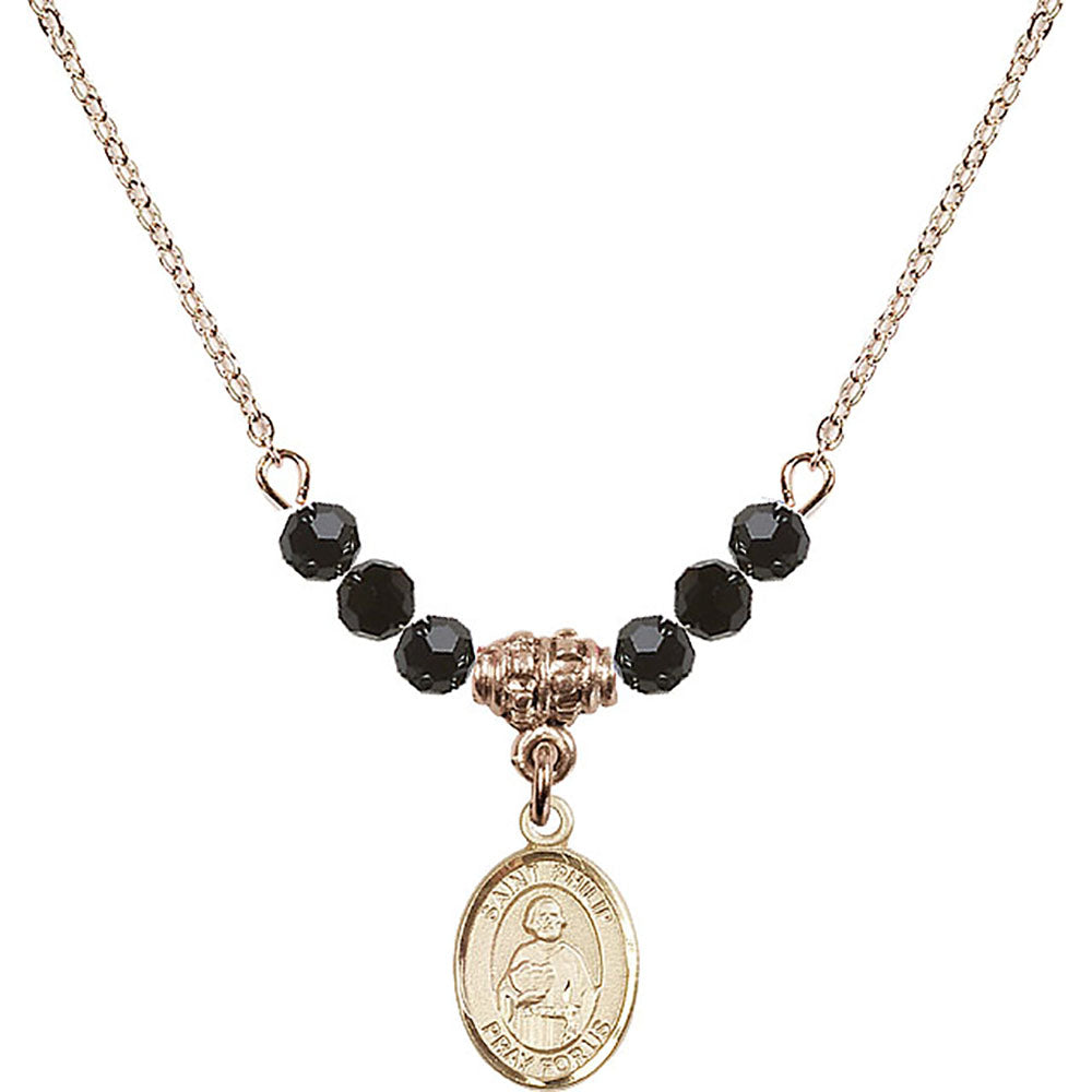 14kt Gold Filled Saint Philip the Apostle Birthstone Necklace with Jet Beads - 9083