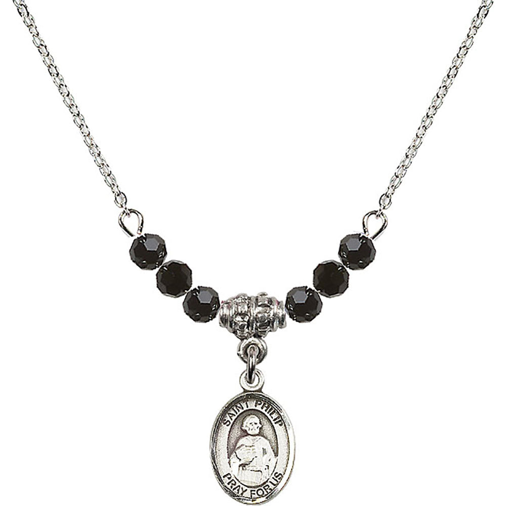 Sterling Silver Saint Philip the Apostle Birthstone Necklace with Jet Beads - 9083