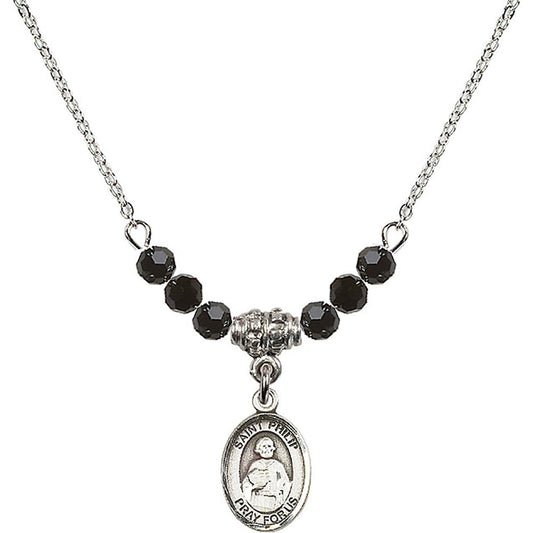 Sterling Silver Saint Philip the Apostle Birthstone Necklace with Jet Beads - 9083