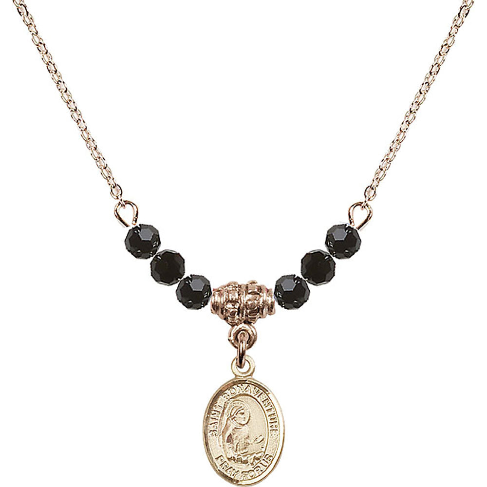 14kt Gold Filled Saint Bonaventure Birthstone Necklace with Jet Beads - 9085