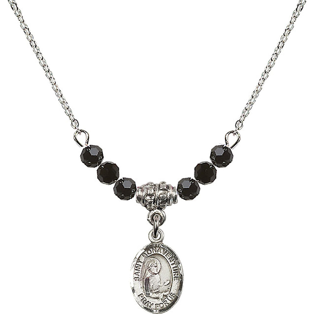 Sterling Silver Saint Bonaventure Birthstone Necklace with Jet Beads - 9085