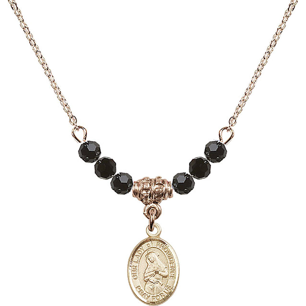 14kt Gold Filled Our Lady of Providence Birthstone Necklace with Jet Beads - 9087