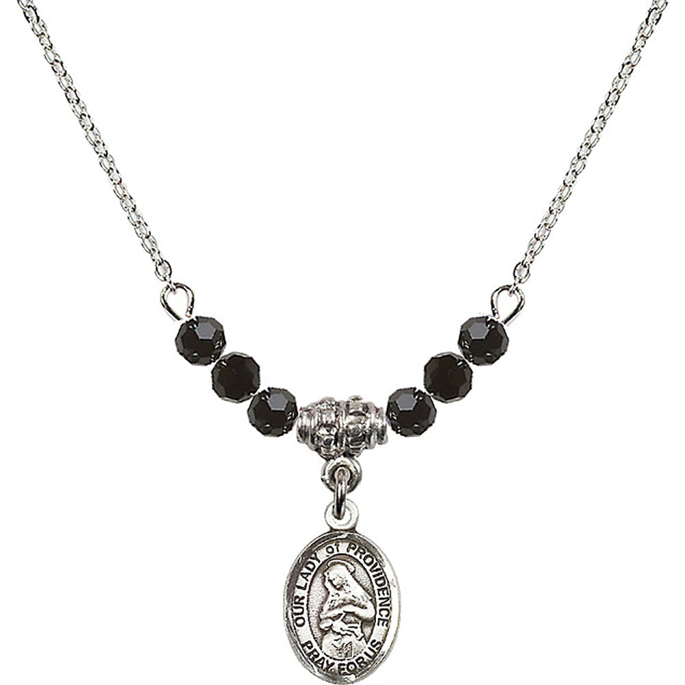 Sterling Silver Our Lady of Providence Birthstone Necklace with Jet Beads - 9087