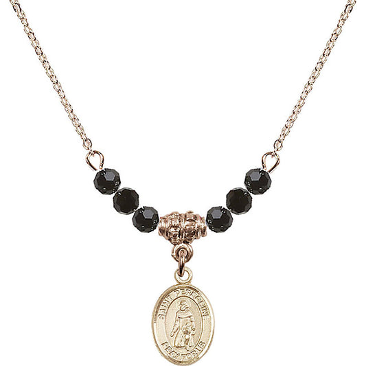 14kt Gold Filled Saint Peregrine Laziosi Birthstone Necklace with Jet Beads - 9088