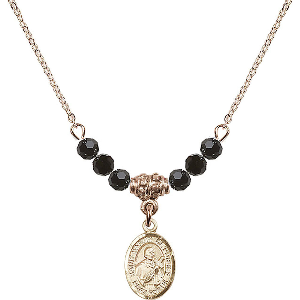 14kt Gold Filled Saint Martin de Porres Birthstone Necklace with Jet Beads - 9089