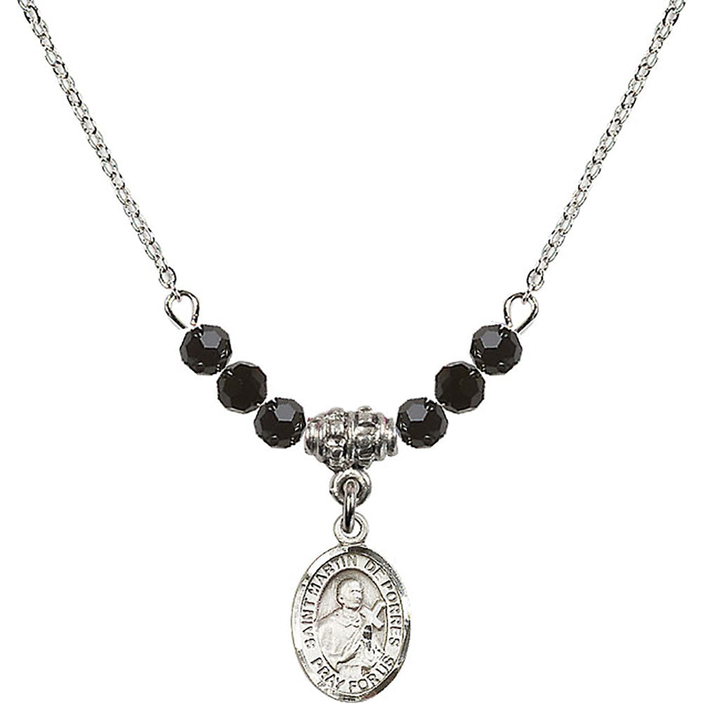 Sterling Silver Saint Martin de Porres Birthstone Necklace with Jet Beads - 9089