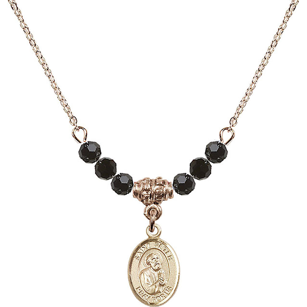 14kt Gold Filled Saint Peter the Apostle Birthstone Necklace with Jet Beads - 9090