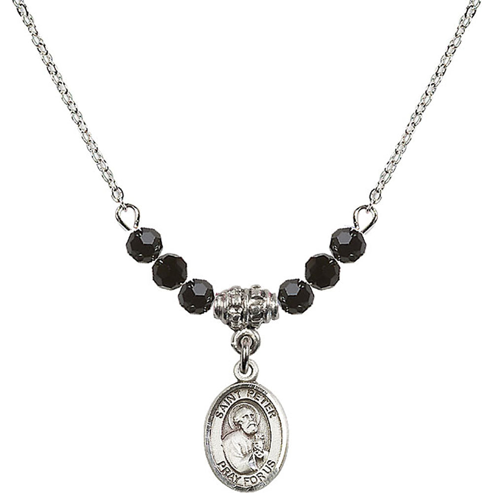 Sterling Silver Saint Peter the Apostle Birthstone Necklace with Jet Beads - 9090