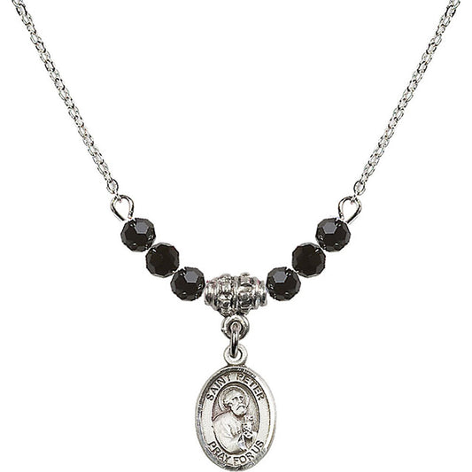 Sterling Silver Saint Peter the Apostle Birthstone Necklace with Jet Beads - 9090