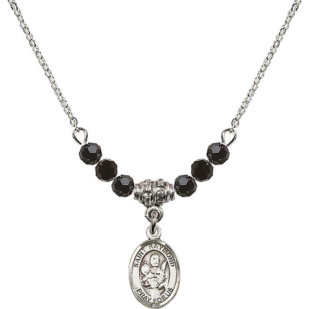 Sterling Silver Saint Raymond Nonnatus Birthstone Necklace with Jet Beads - 9091