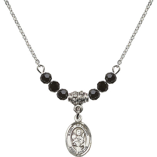 Sterling Silver Saint Raymond Nonnatus Birthstone Necklace with Jet Beads - 9091