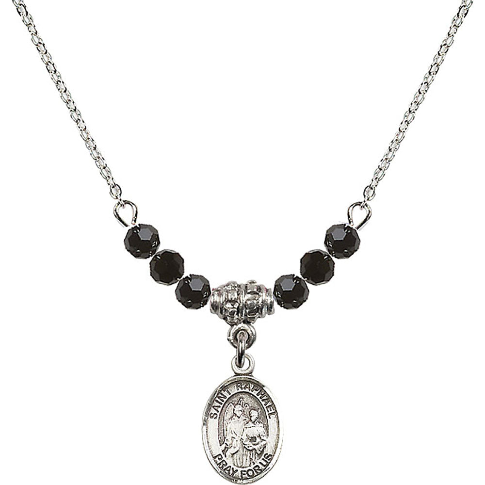 Sterling Silver Saint Raphael the Archangel Birthstone Necklace with Jet Beads - 9092