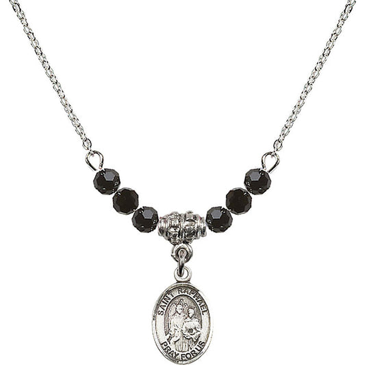 Sterling Silver Saint Raphael the Archangel Birthstone Necklace with Jet Beads - 9092