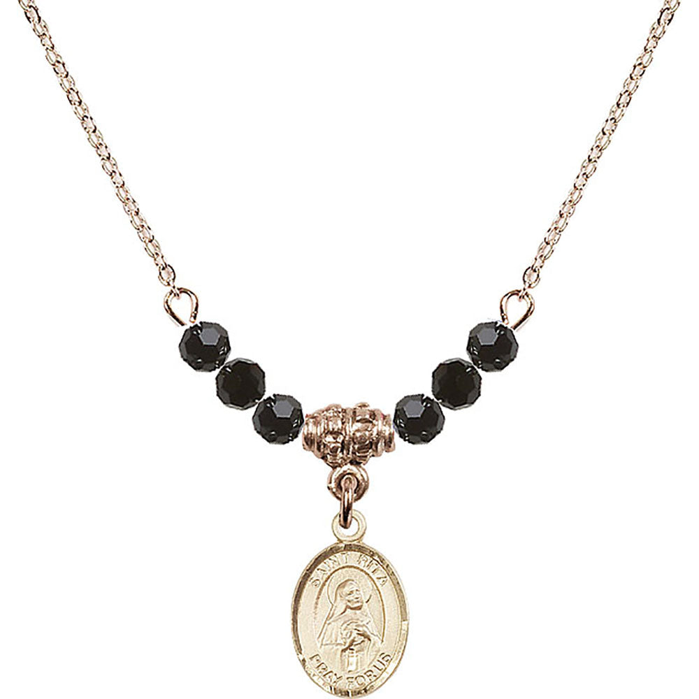 14kt Gold Filled Saint Rita of Cascia Birthstone Necklace with Jet Beads - 9094