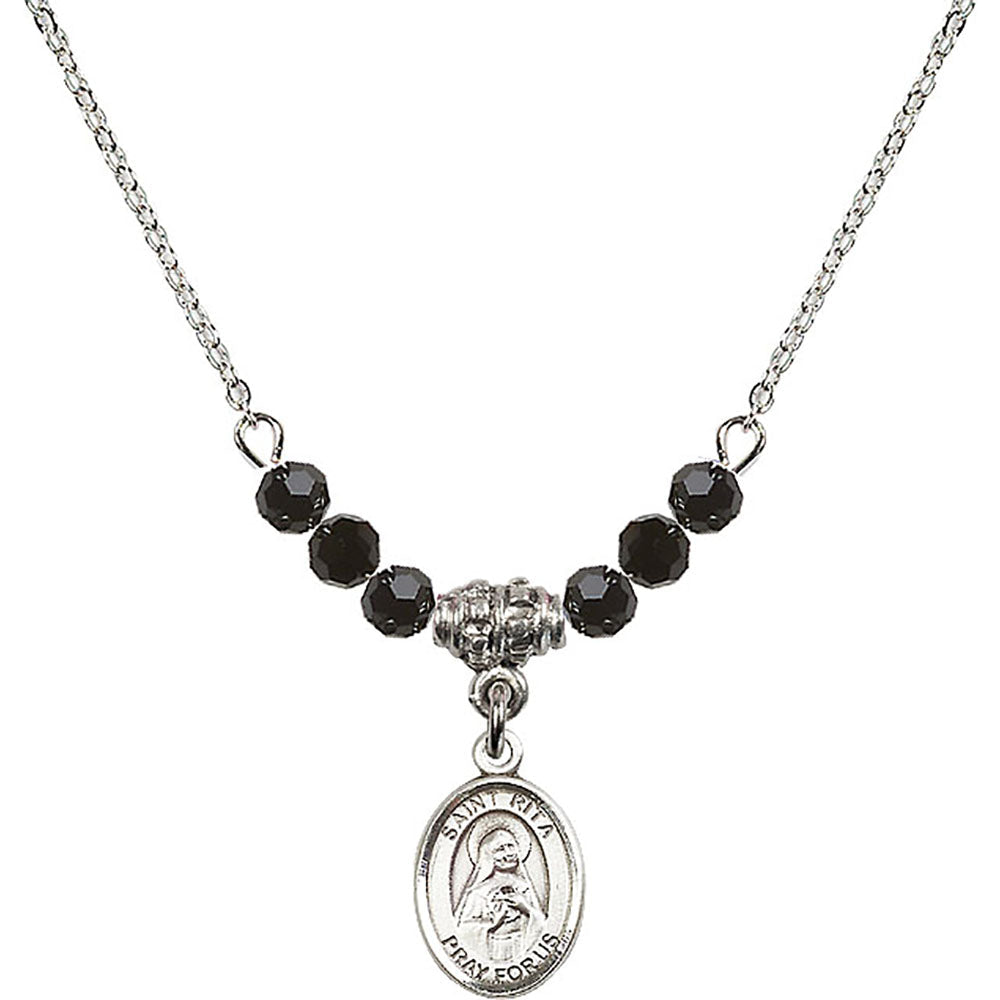 Sterling Silver Saint Rita of Cascia Birthstone Necklace with Jet Beads - 9094