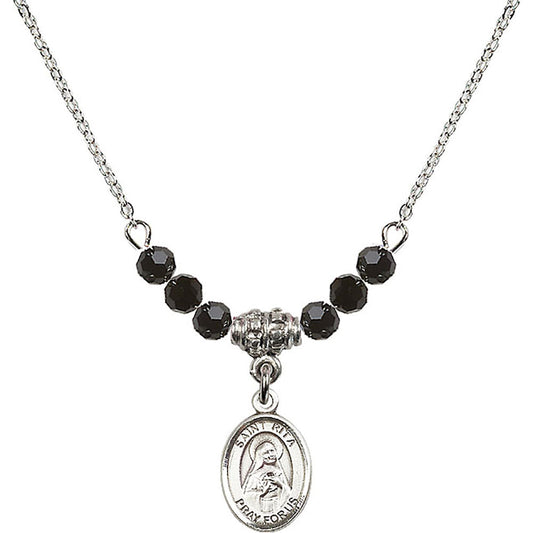 Sterling Silver Saint Rita of Cascia Birthstone Necklace with Jet Beads - 9094