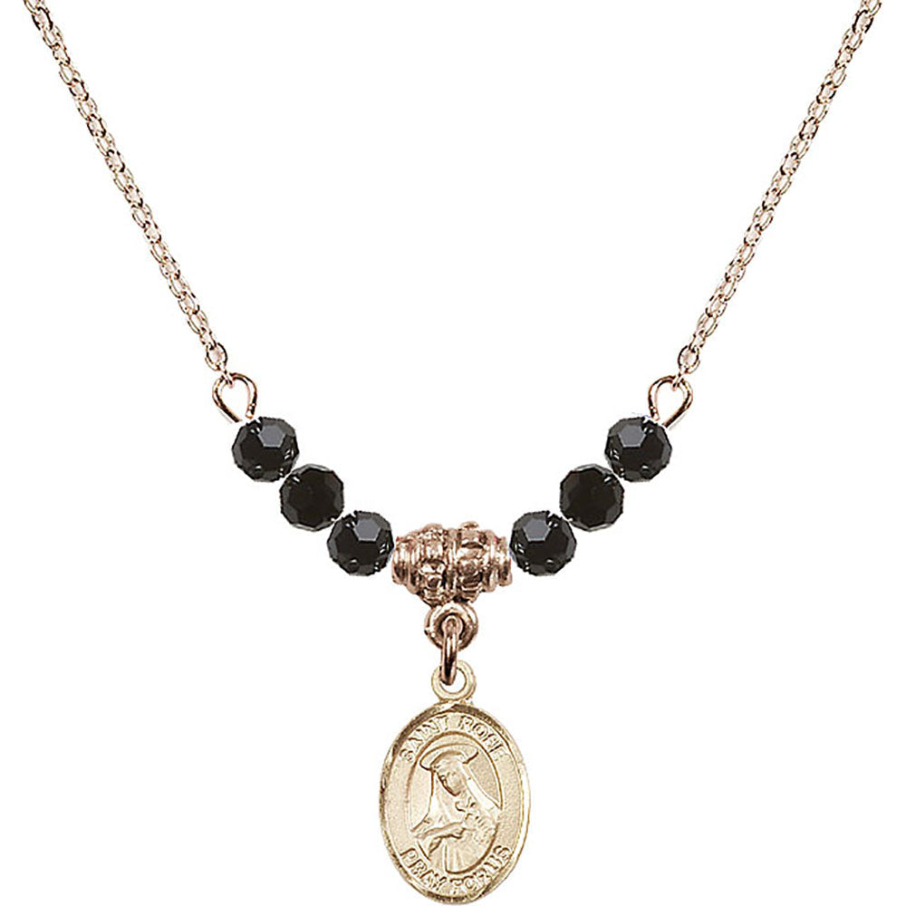 14kt Gold Filled Saint Rose of Lima Birthstone Necklace with Jet Beads - 9095