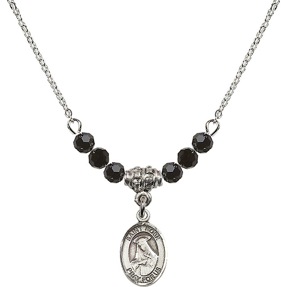 Sterling Silver Saint Rose of Lima Birthstone Necklace with Jet Beads - 9095