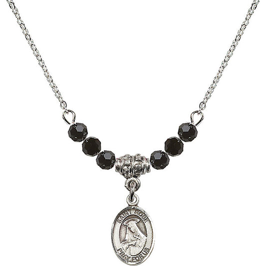 Sterling Silver Saint Rose of Lima Birthstone Necklace with Jet Beads - 9095