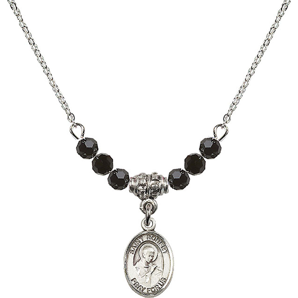 Sterling Silver Saint Robert Bellarmine Birthstone Necklace with Jet Beads - 9096