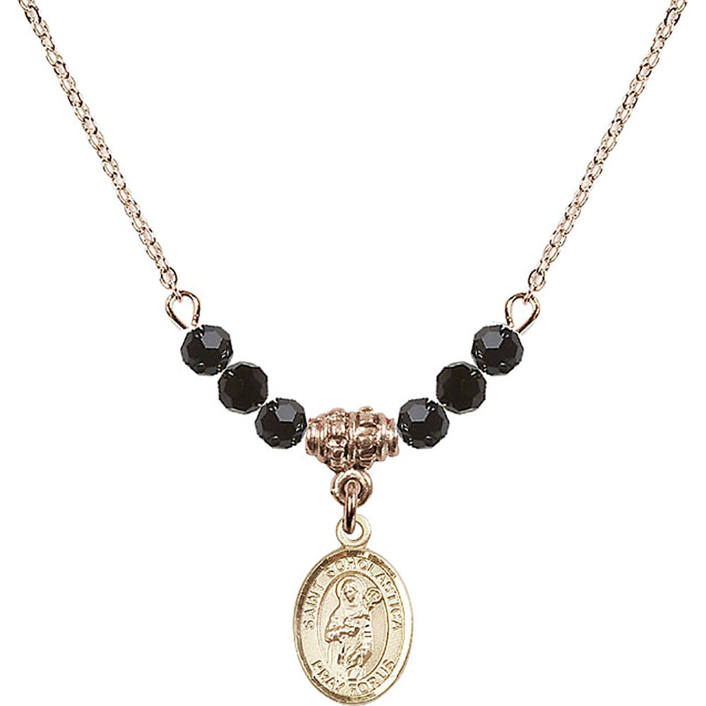 14kt Gold Filled Saint Scholastica Birthstone Necklace with Jet Beads - 9099